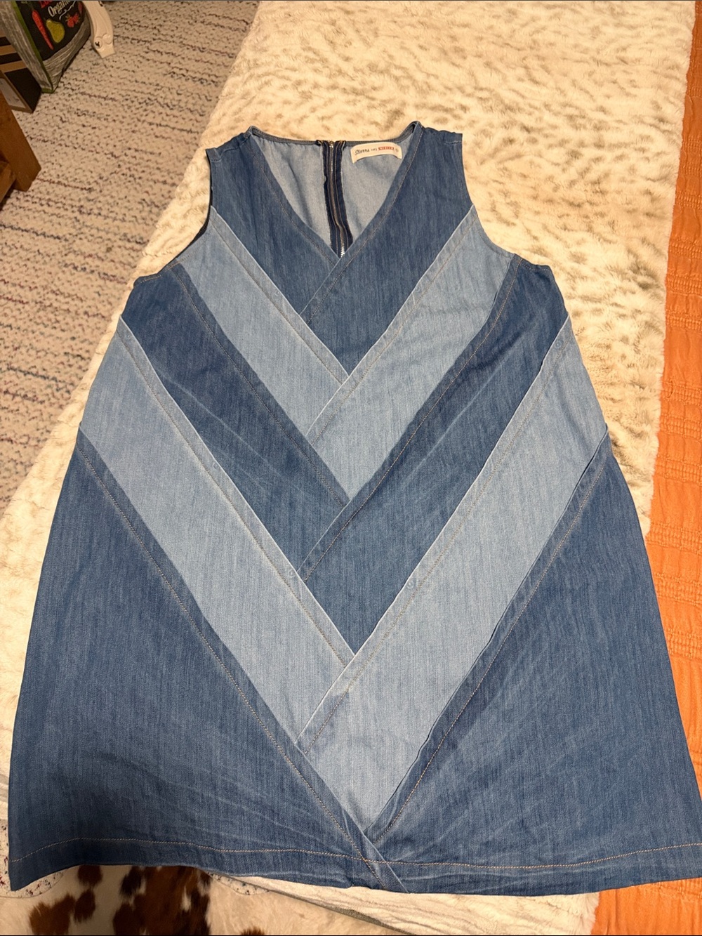 Patchwork V-Neck Denim Dress - Two-Tone Blue
